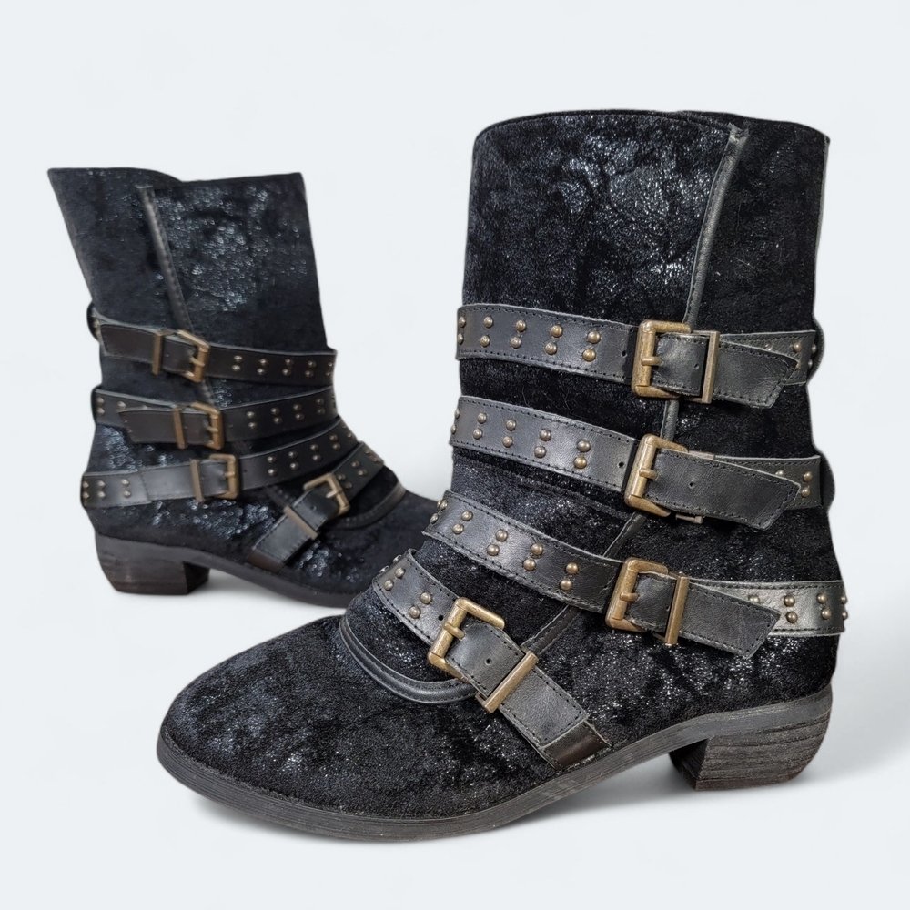Joyfolie Edgy Black Buckle Combat Boots Faux Fur Size 7